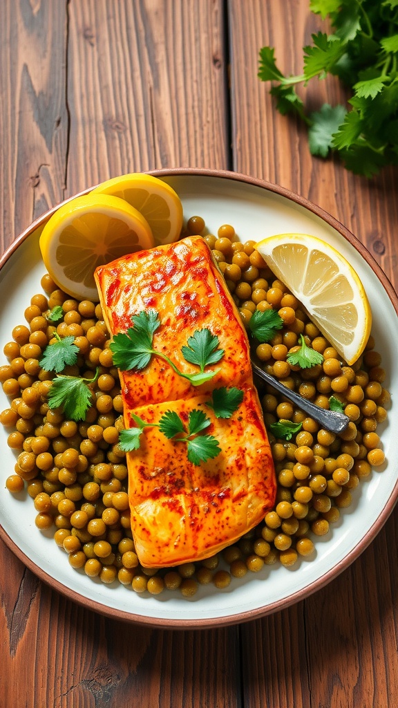 Curried salmon fillets over green lentils, garnished with cilantro and lemon on a rustic table.